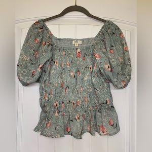 Floral Mint Peplum Balloon Sleeve Blouse Spring Off Shoulder